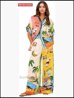 2-Piece Short Sleeve Shirt & Wide Leg Pants Set Cotton Blend